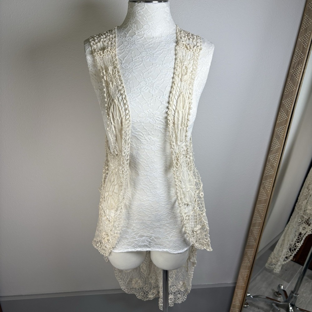 Debut Womens M/L Cream Vest Boho Crochet High Low Cotton Lace